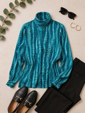 Teal Mock Neck Blouse Long Sleeve Workwear Office Chic Top
